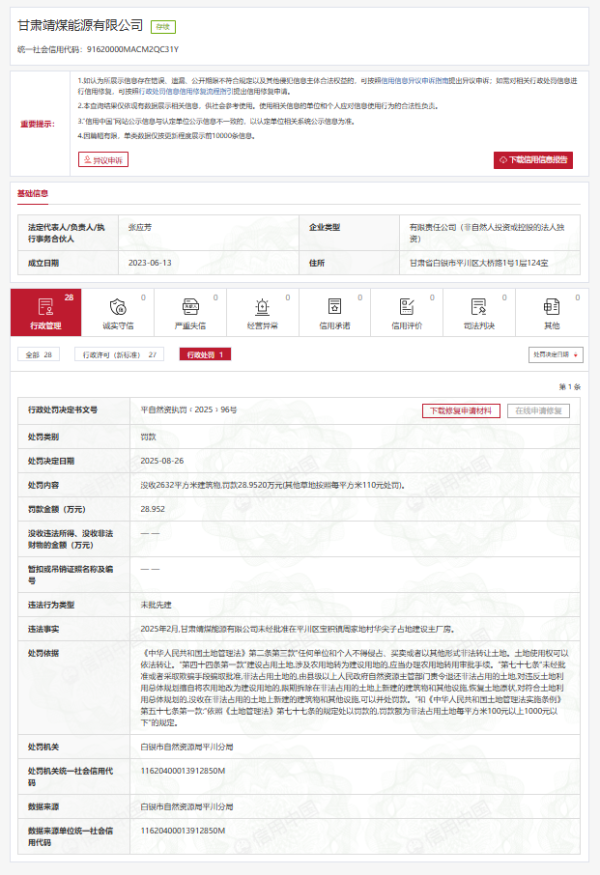 富邦优配 未批先建！甘肃能化全资子公司甘肃靖煤能源被罚